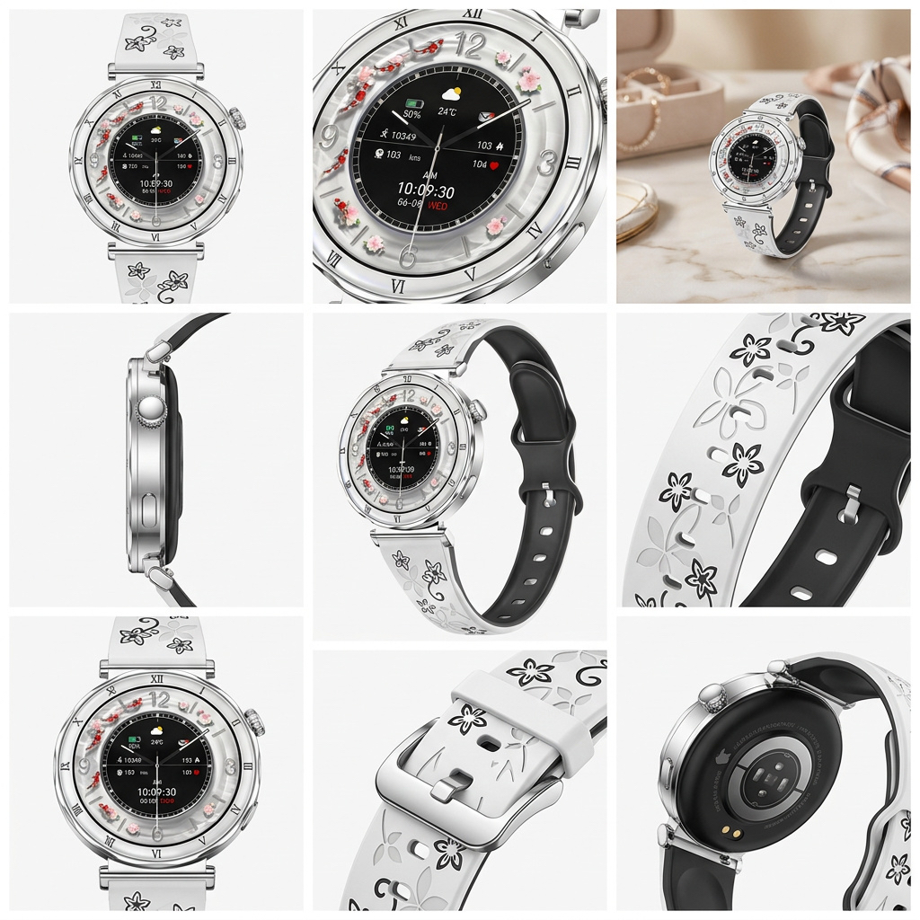 Montre Bracelet Connectée silicone floral blanc et noir
