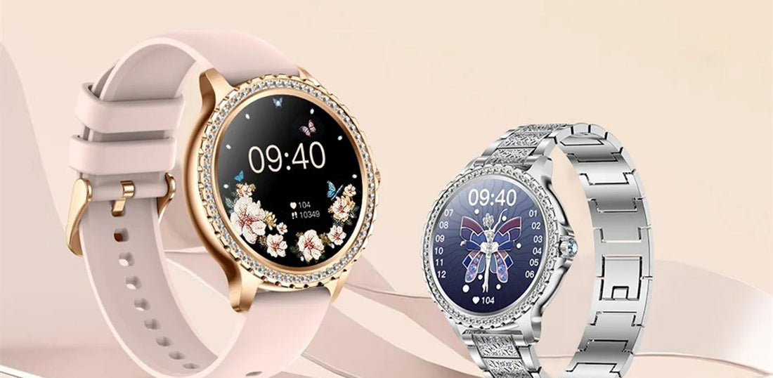 Montres connectées pour femme dorée à bracelet rose et argentée à bracelet acier orné