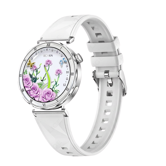 Montre Bracelet Connectée Victoria motif fleurs blanc et argenté