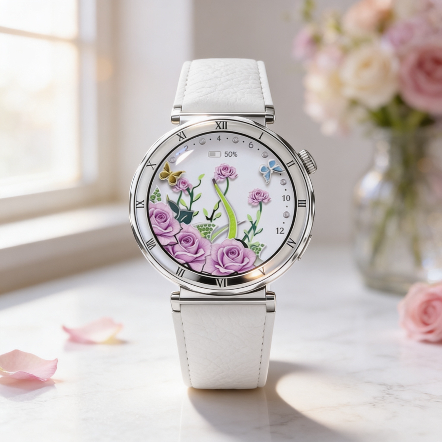 Montre Bracelet Connectée Victoria motif fleurs blanc et argenté