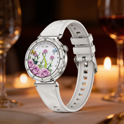 Montre Bracelet Connectée Victoria motif fleurs blanc et argenté