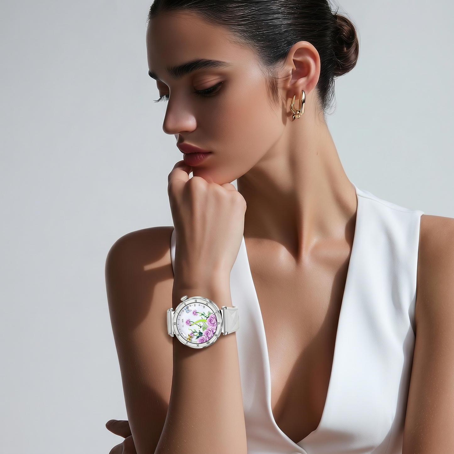 Montre Bracelet Connectée Victoria motif fleurs blanc et argenté