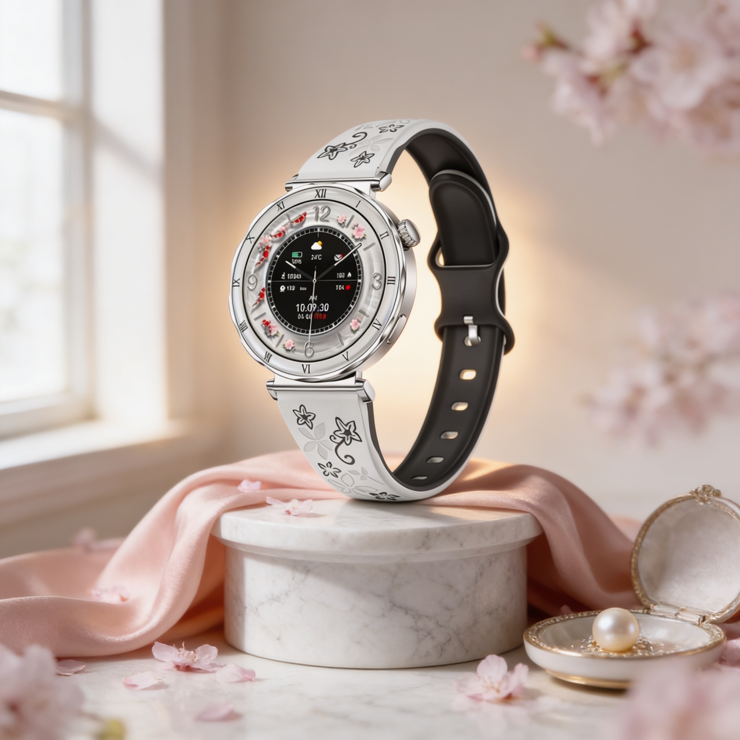 Montre Bracelet Connectée silicone floral blanc et noir